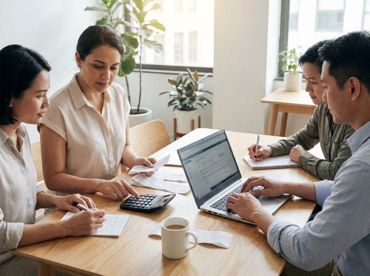 Three people reviewing reports, one updating on laptop computer