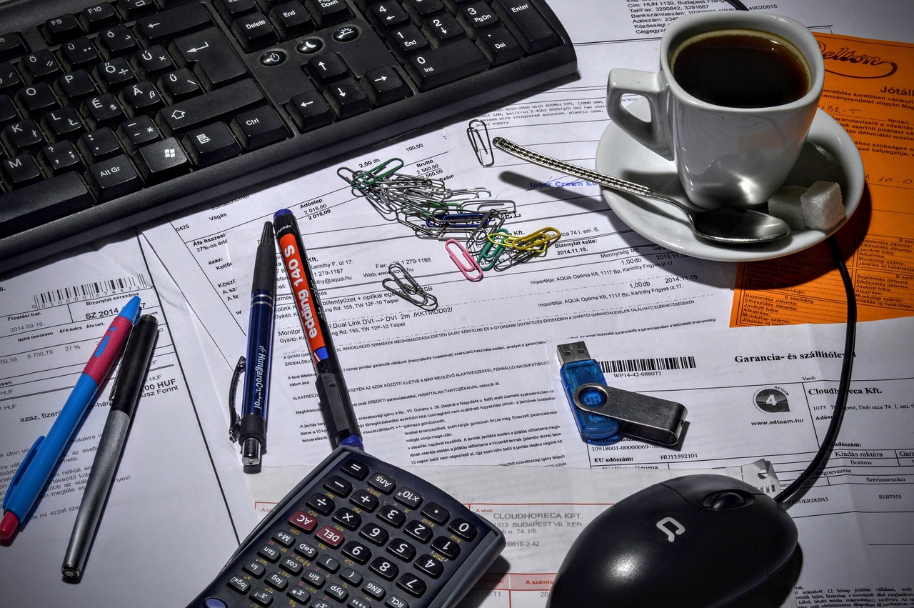 bookkeeper, accountant, office, coffee, calculator, keyboard, pen, usb drive, invoice, company, paperwork, administration, accounting, work, desk, profit, paper, mouse, document, financial, finance, business, accountant, invoice, administration, quickbooks
