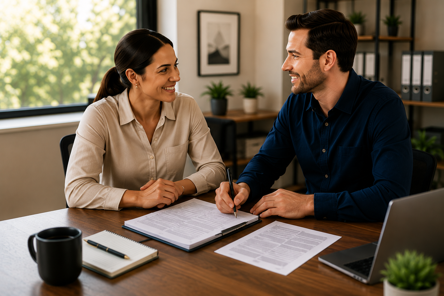 Financial advisor meeting with a business owner to review reports