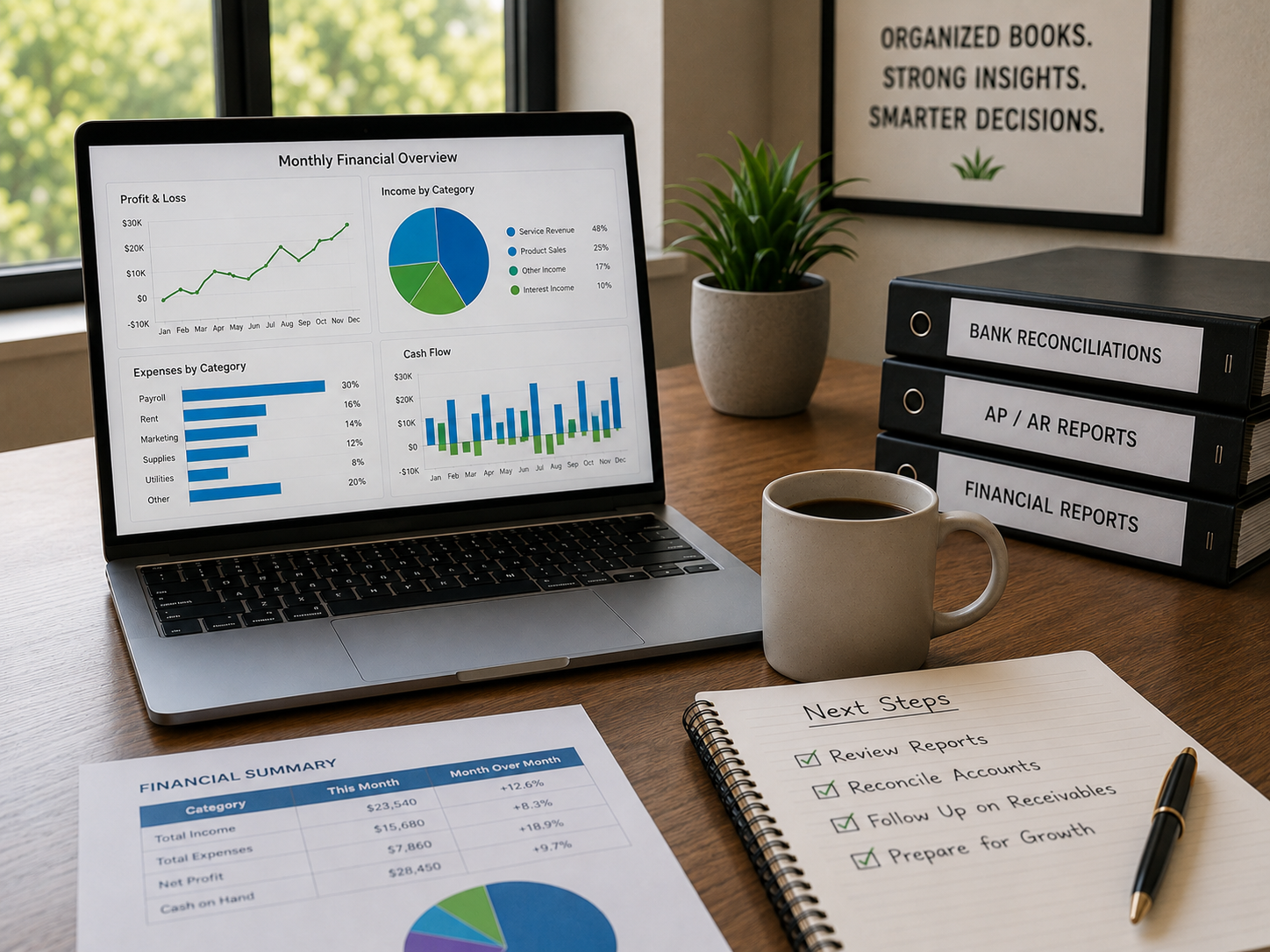 Organized financial reports and business planning materials